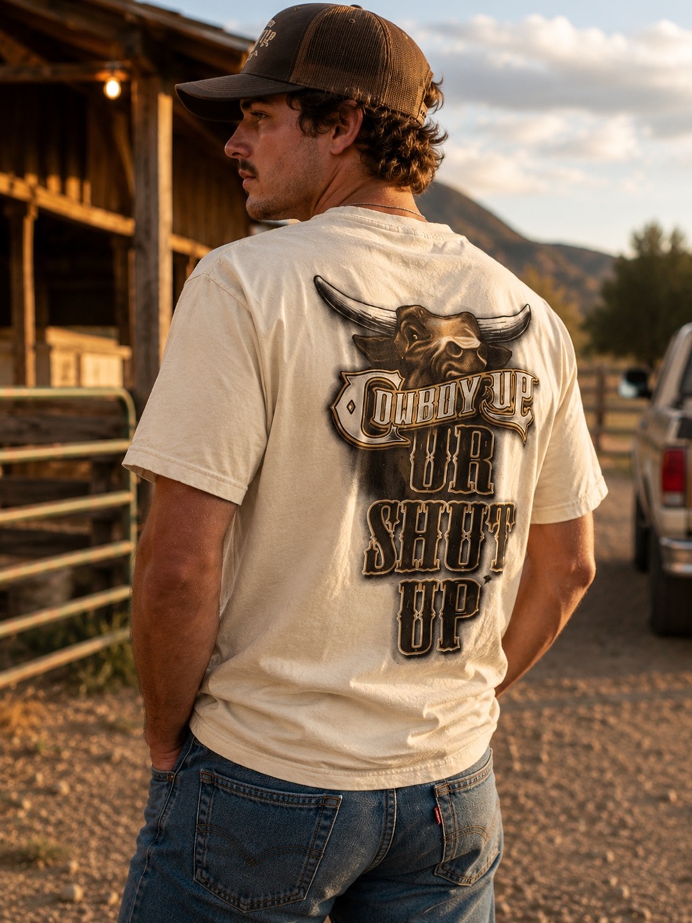 Cowboy Up or Shut Up Western Bull Graphic Tee Rodeo Country Shirt L